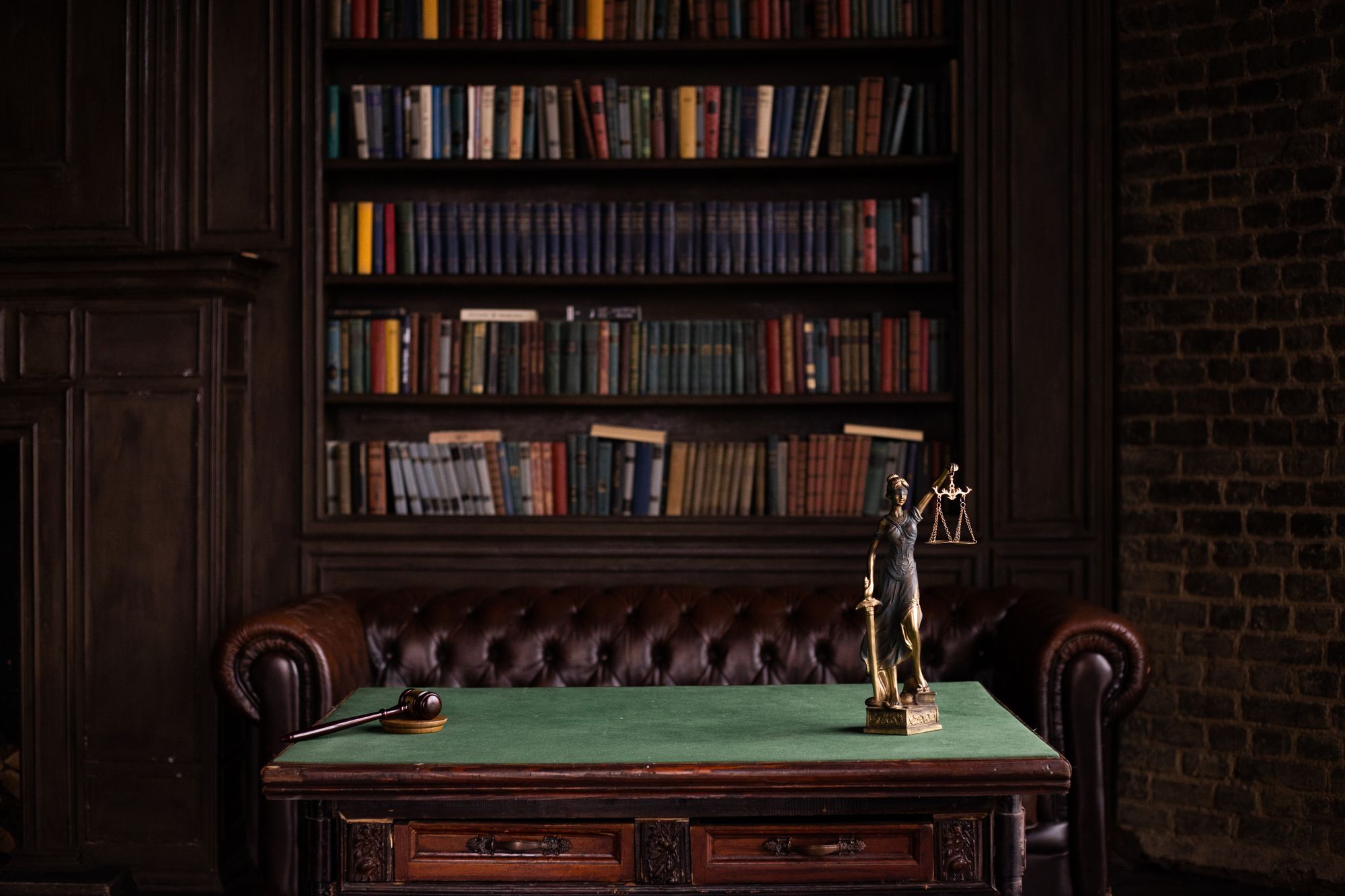 Law library with a statue of Lady Justice