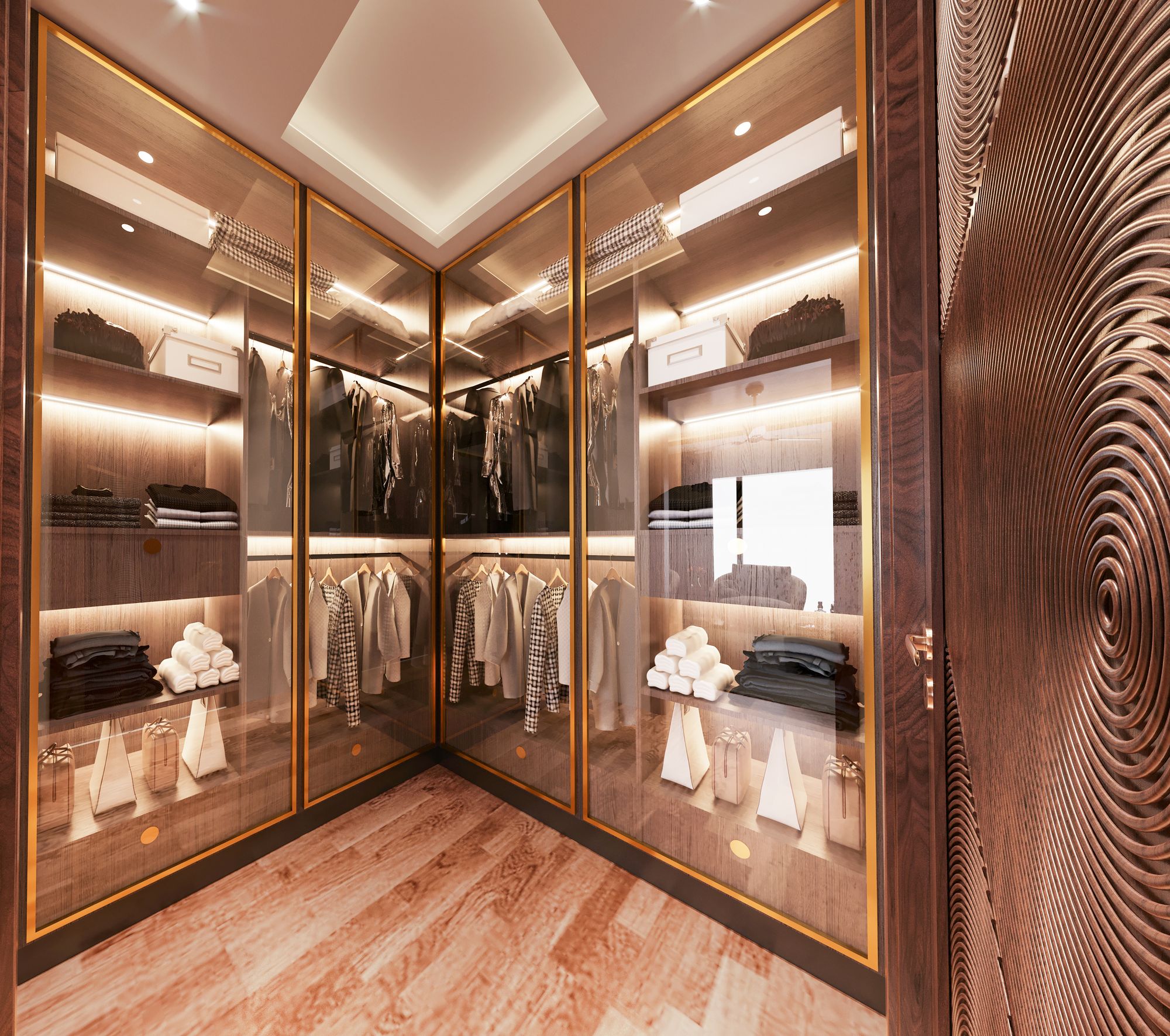 Walk-in closet with warm lighting