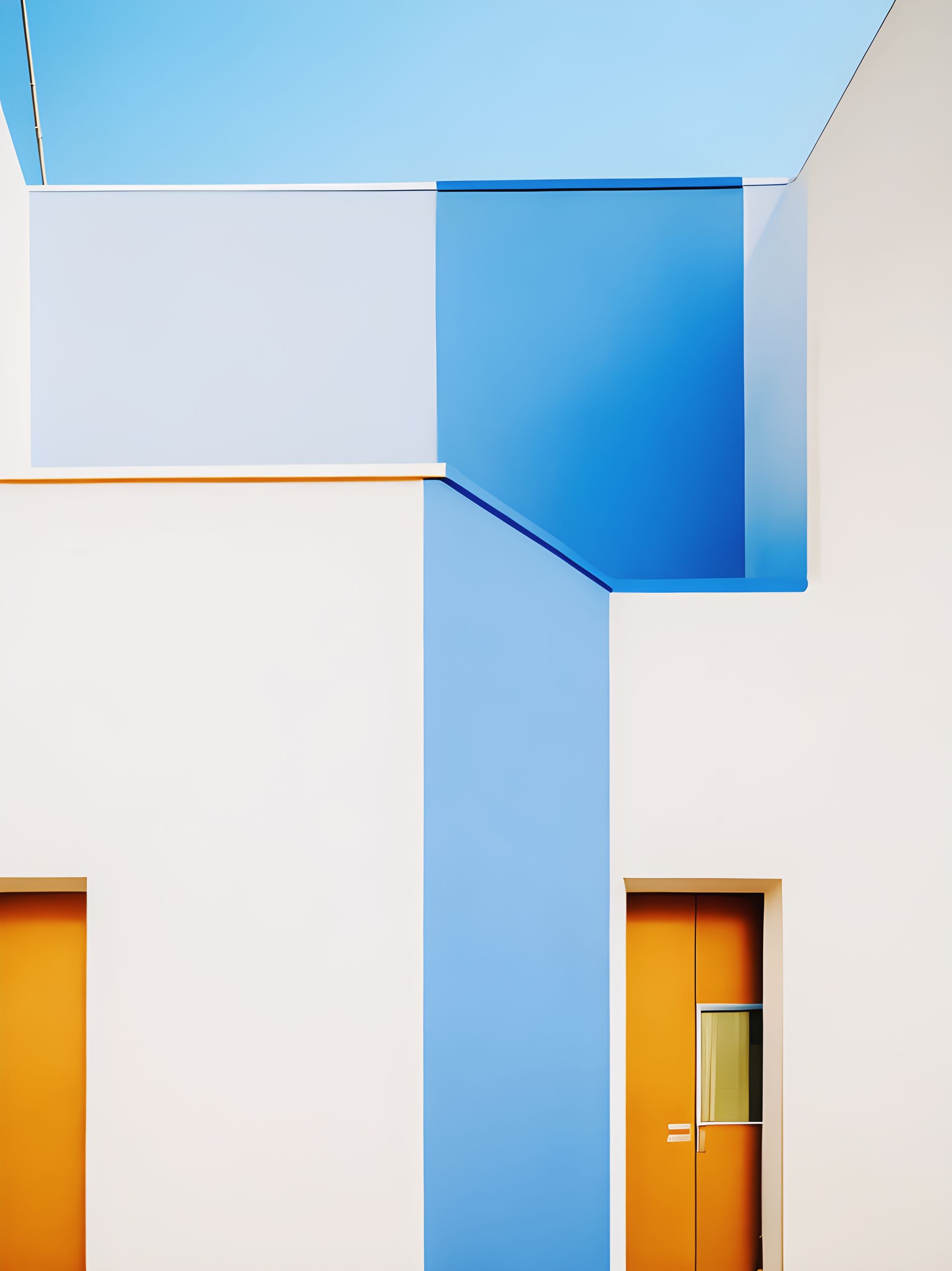 Casa geométrica blanca con puertas naranjas